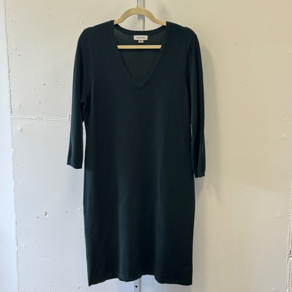 Calvin Klein Forest Green V-Neck Long Sleeve Sweater‎ Tunic Dress XL Minimalist